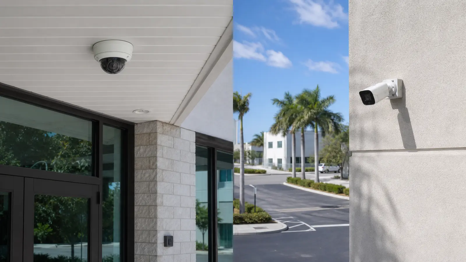 Dome and bullet security cameras shown in realistic commercial mounting locations