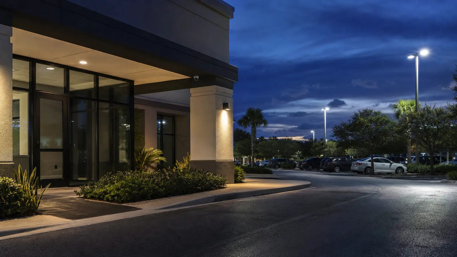 Full-color low-light camera coverage across a Tampa commercial entrance and parking approach
