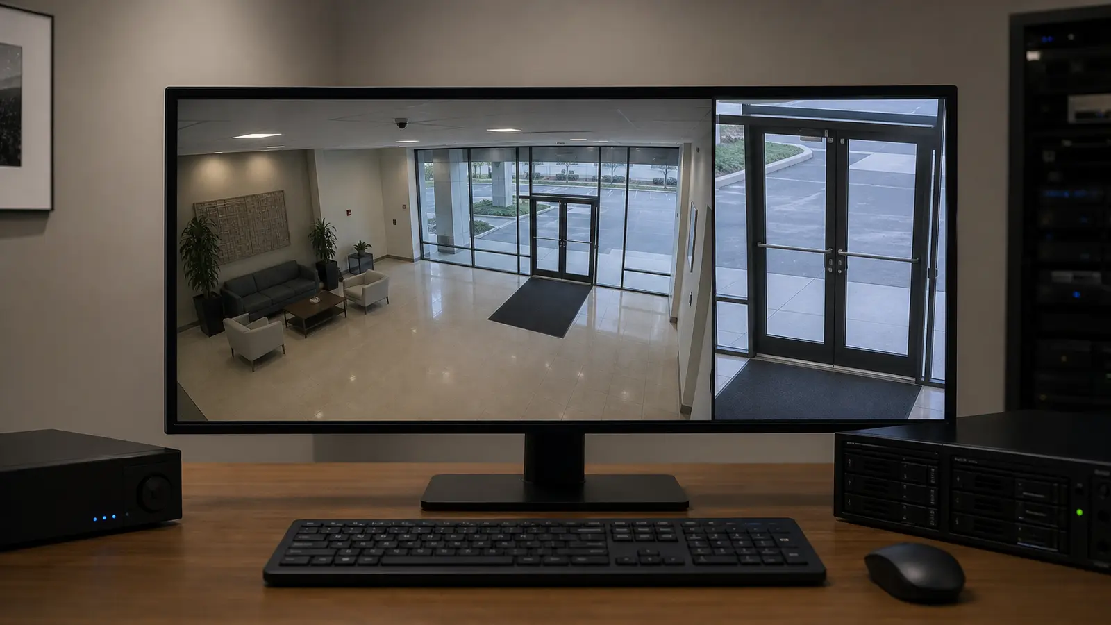 Commercial security monitor comparing overview detail with identification detail