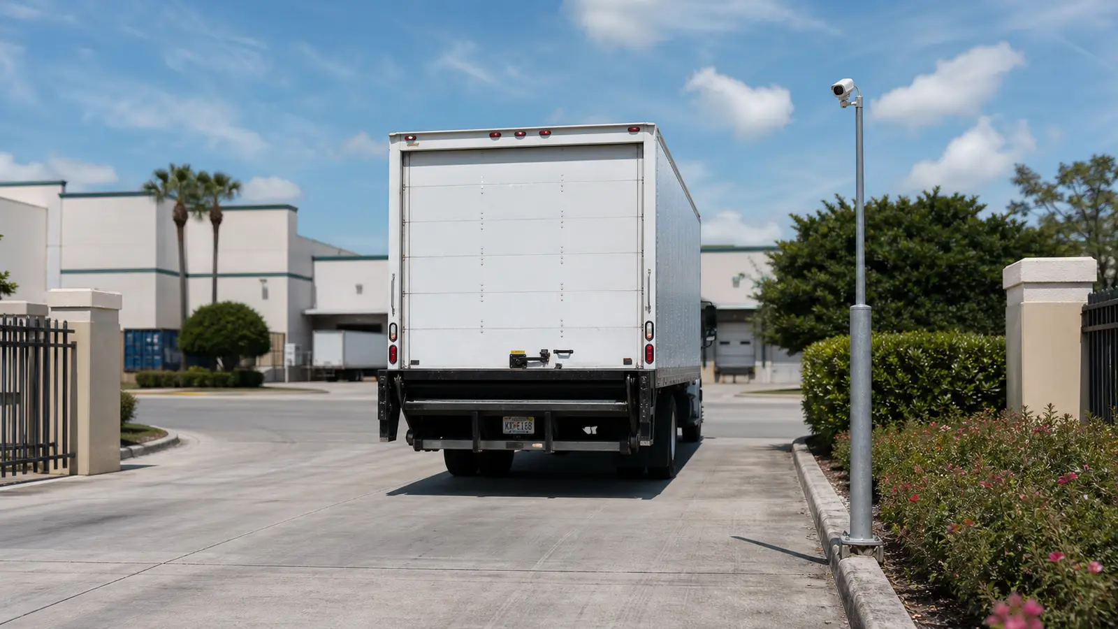 Dedicated LPR camera viewing the rear plate of a box truck in an unobstructed commercial lane