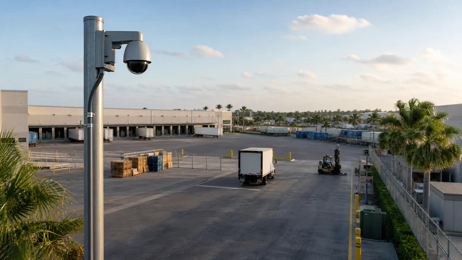 Professional PTZ camera monitoring movement across a commercial logistics yard