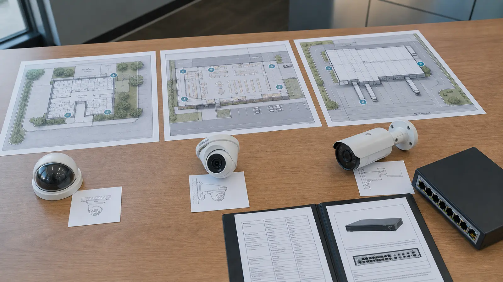 Facility manager comparing practical surveillance layouts for office, retail, and warehouse properties