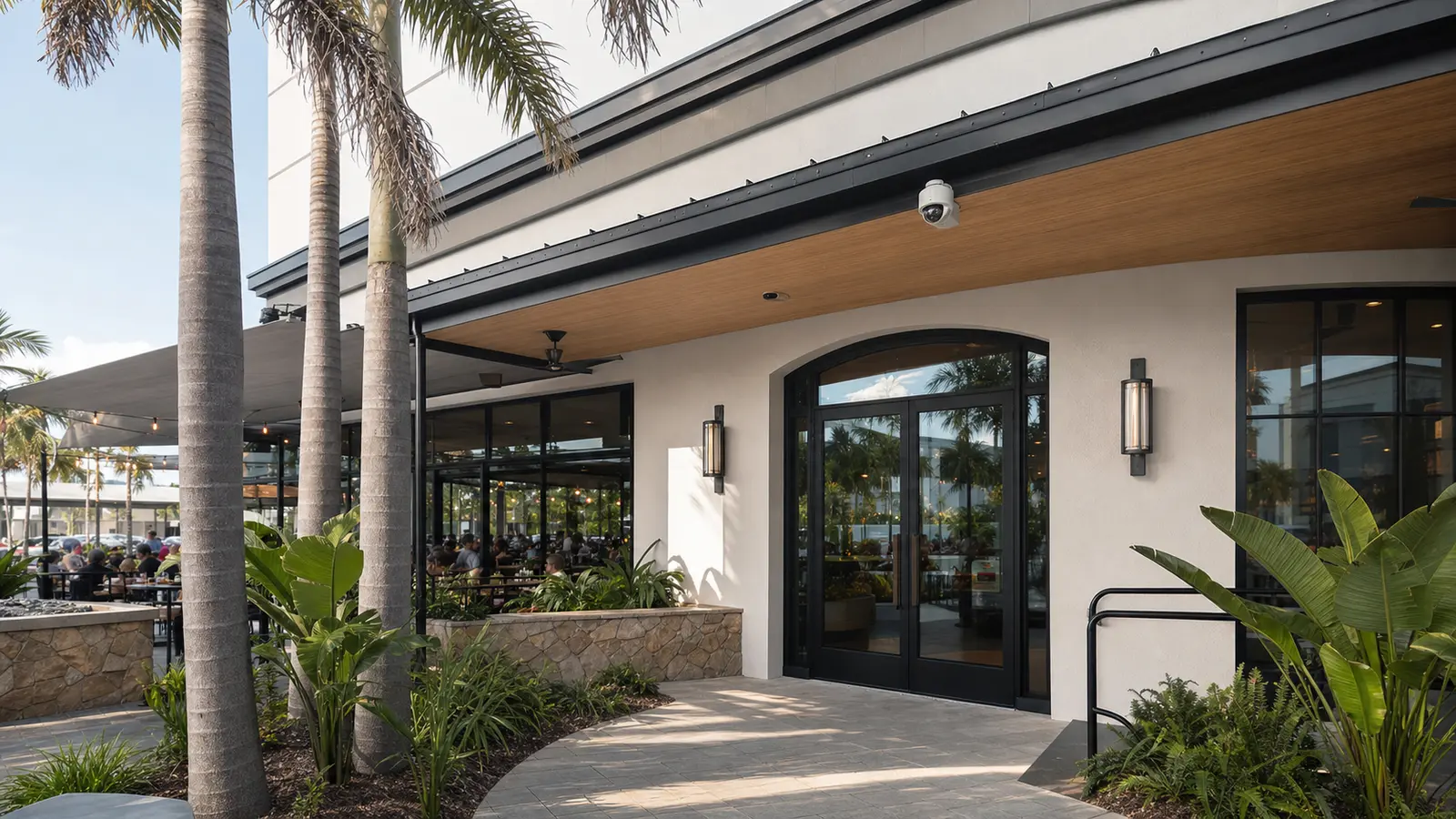 Exterior security camera coverage for a hospitality or restaurant property
