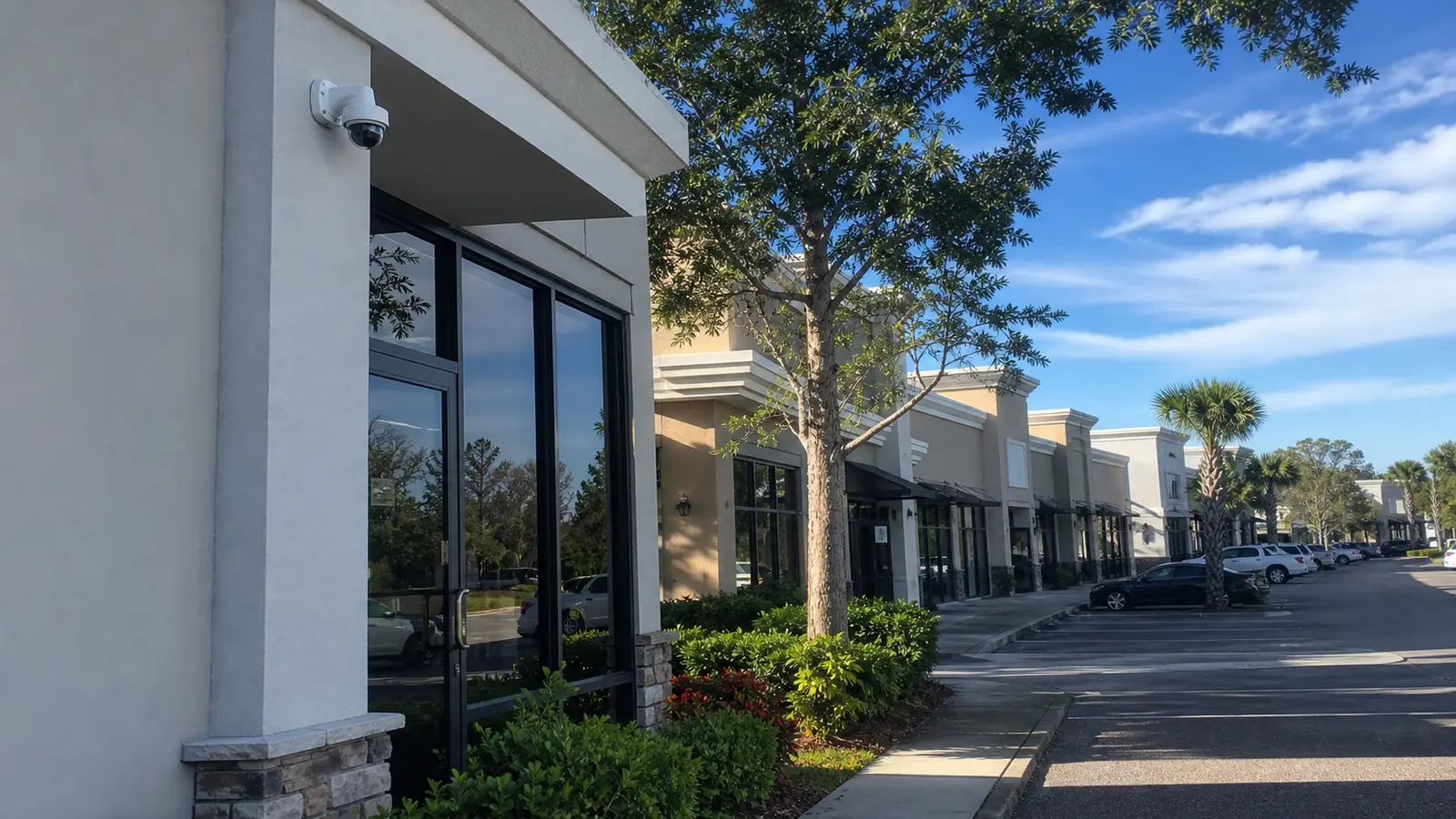Exterior security camera coverage at a business corridor property