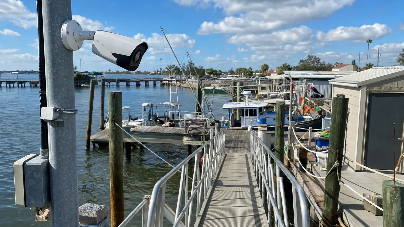 Exterior security camera coverage at a marina and dock property
