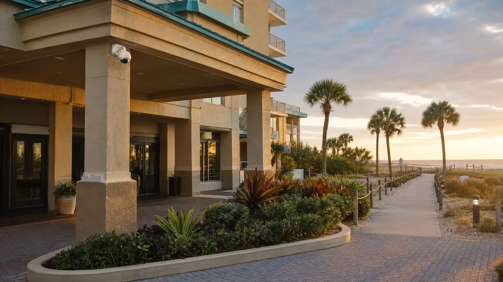 Representative security camera coverage for a Clearwater beachfront hospitality property with Gulf access and outdoor common areas