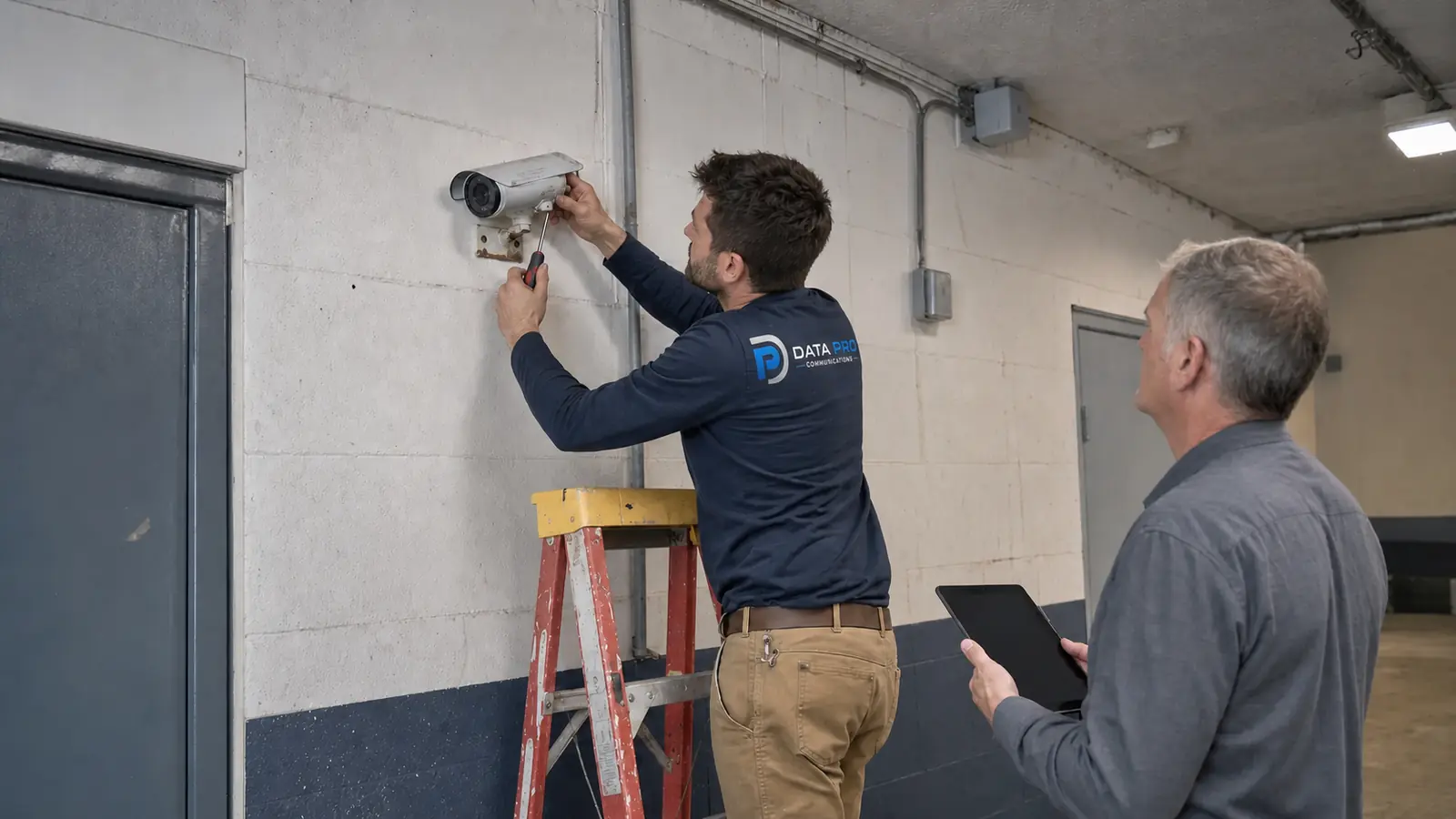 Technician reviewing older camera equipment before a phased upgrade