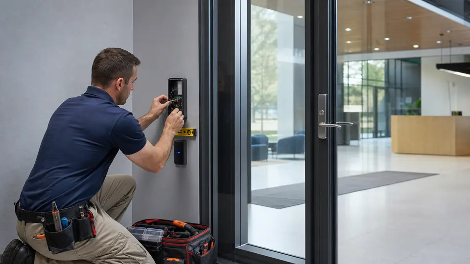 Technician wiring and testing a commercial access-control reader