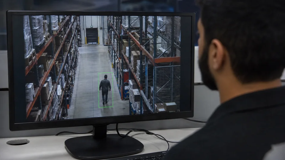 AI video analytics identifying a person in a warehouse surveillance view
