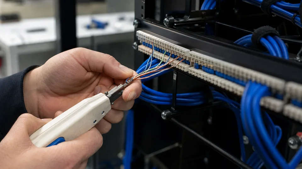 Technician terminating Cat6A cabling at a commercial patch panel