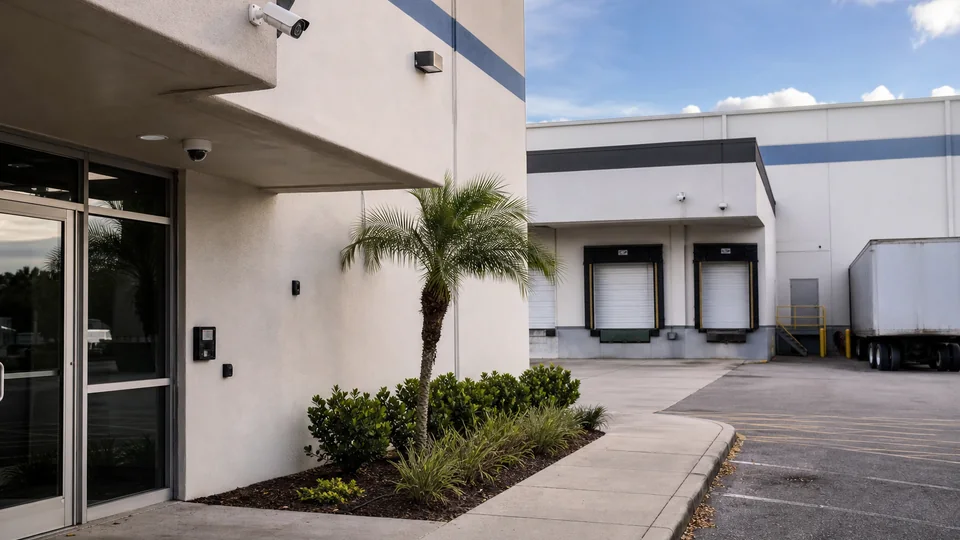 Commercial CCTV coverage across a Tampa business entrance and loading area