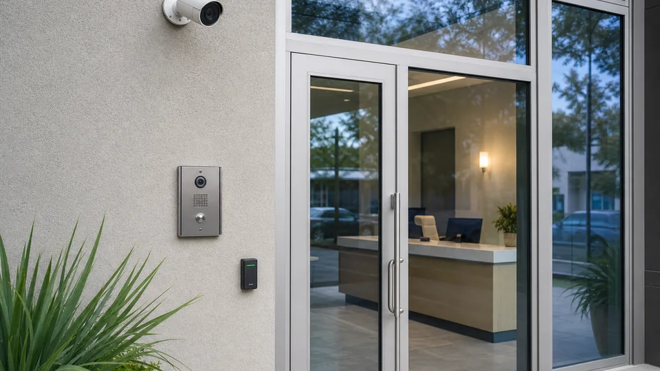Integrated camera, access reader and intercom at a commercial property entrance