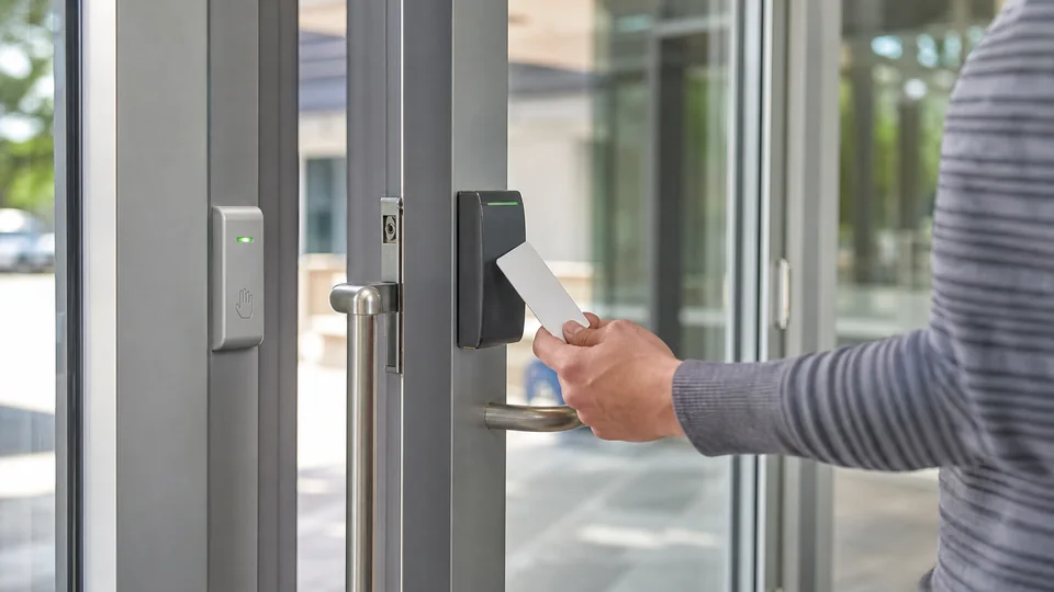 Credential, card reader and electric hardware on a secured commercial door