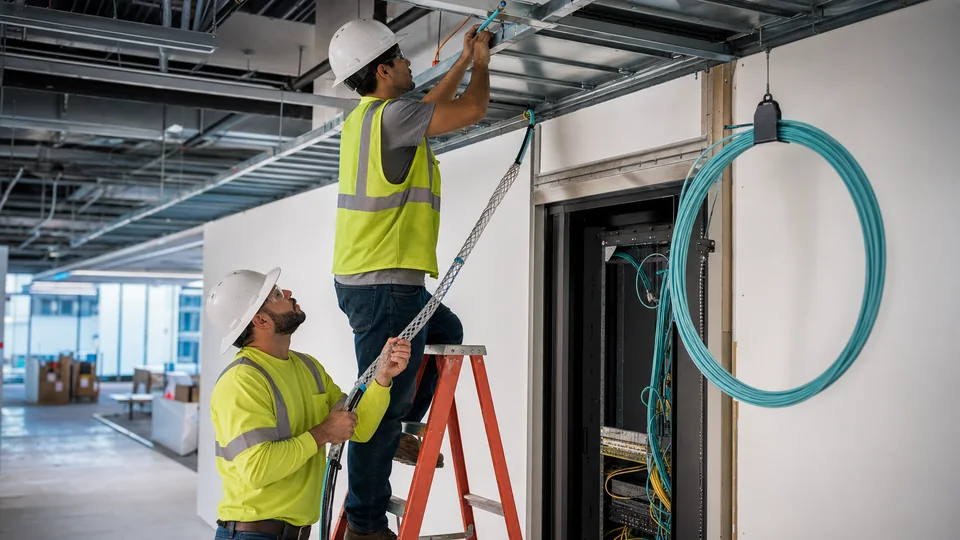 Technicians installing a commercial fiber backbone through an overhead cable tray