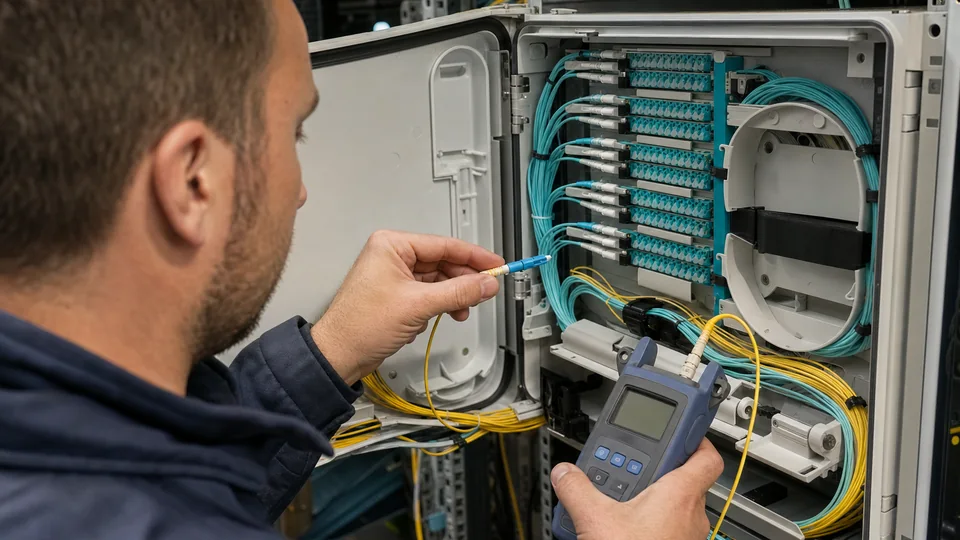 Fiber technician testing an organized commercial fiber distribution enclosure