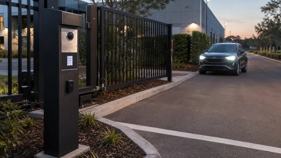 Commercial vehicle gate with keypad and video intercom entry controls
