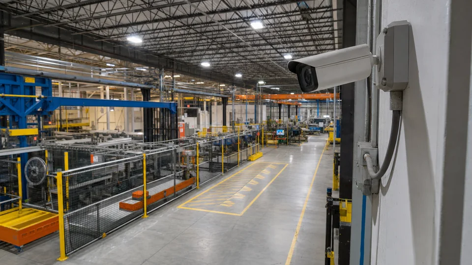 Industrial security camera monitoring a working manufacturing floor