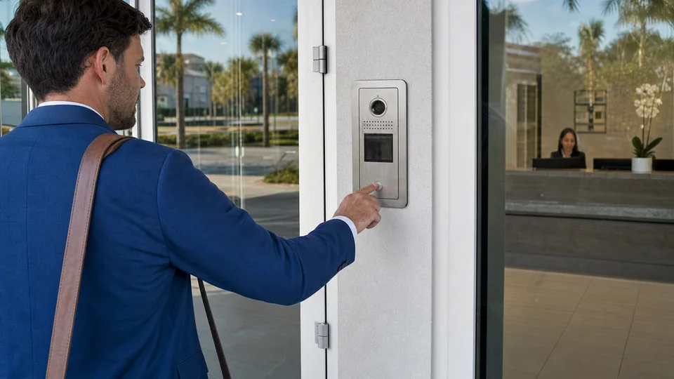 Visitor using a video intercom at a secured commercial entrance