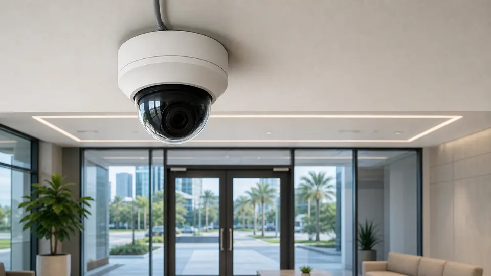 Single PoE security camera covering a commercial lobby entrance