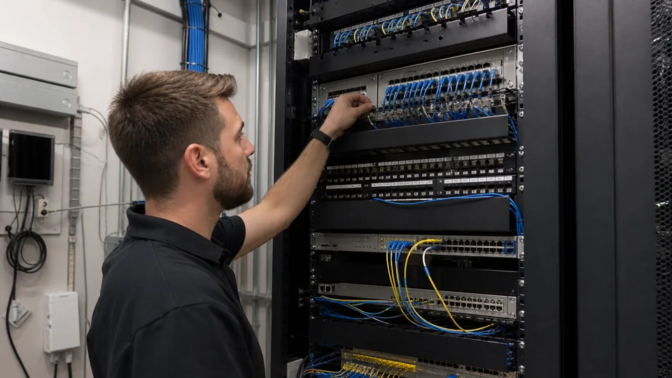 Technician inspecting switches and patching in a commercial network rack