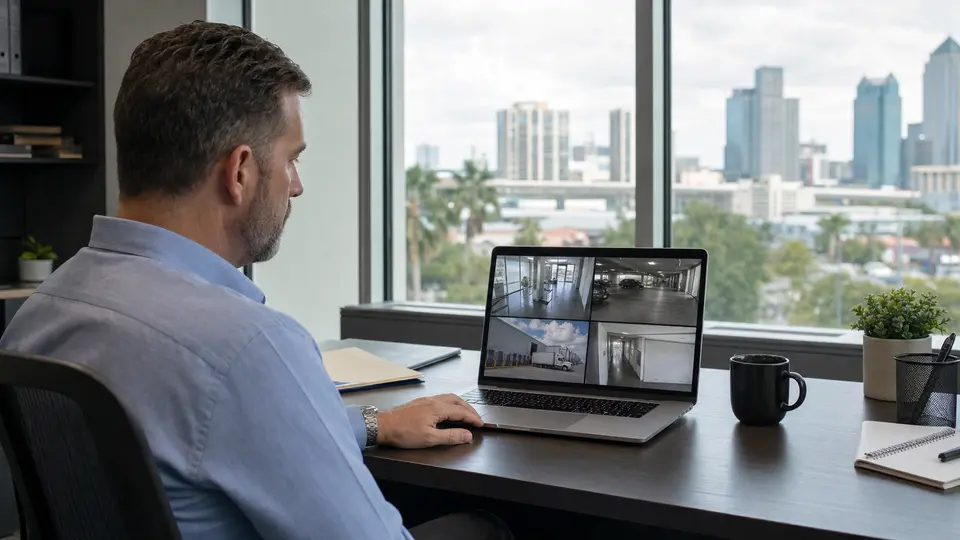 Property manager remotely viewing a commercial security camera on one laptop