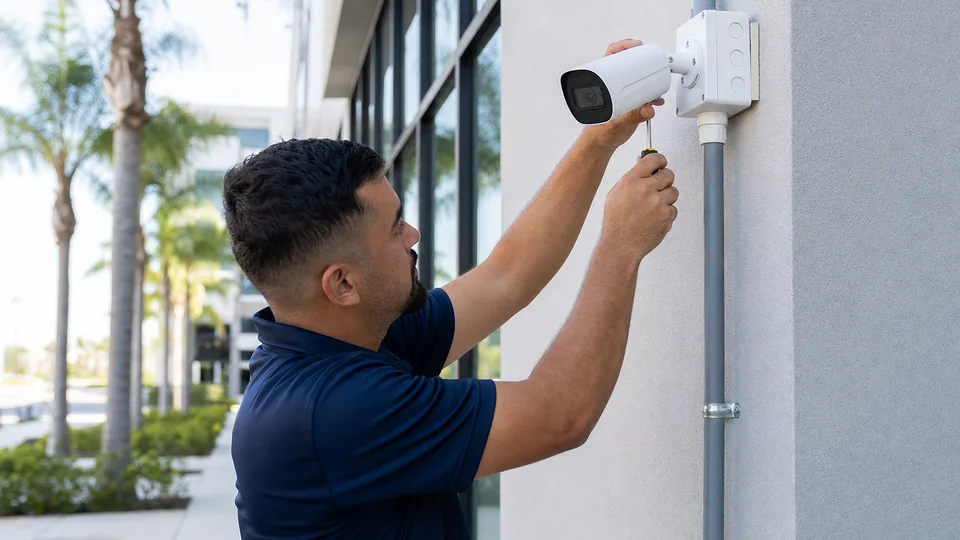 Professional installing a commercial security camera at a Tampa business