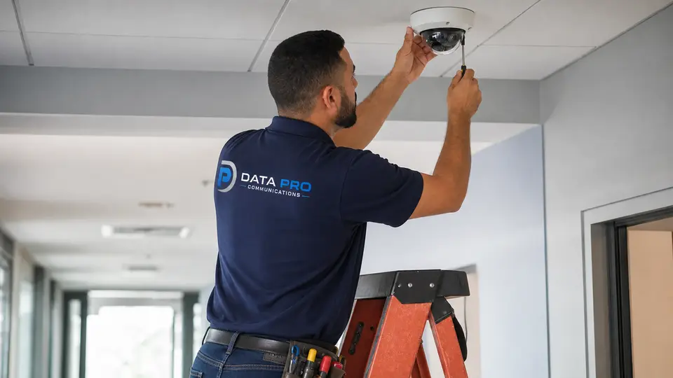 Data Pro Communications technician adjusting a commercial dome camera with a precision screwdriver