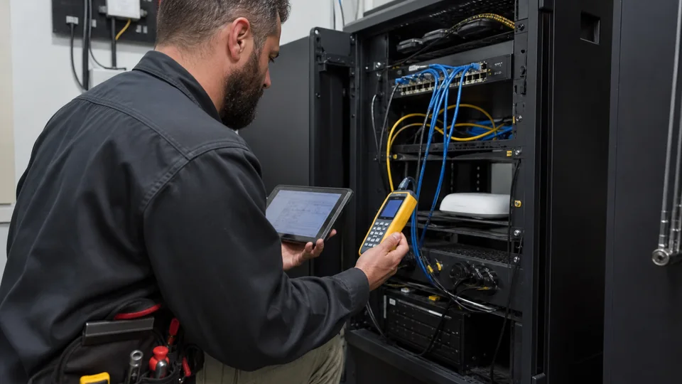 Technician performing preventive maintenance on low-voltage systems
