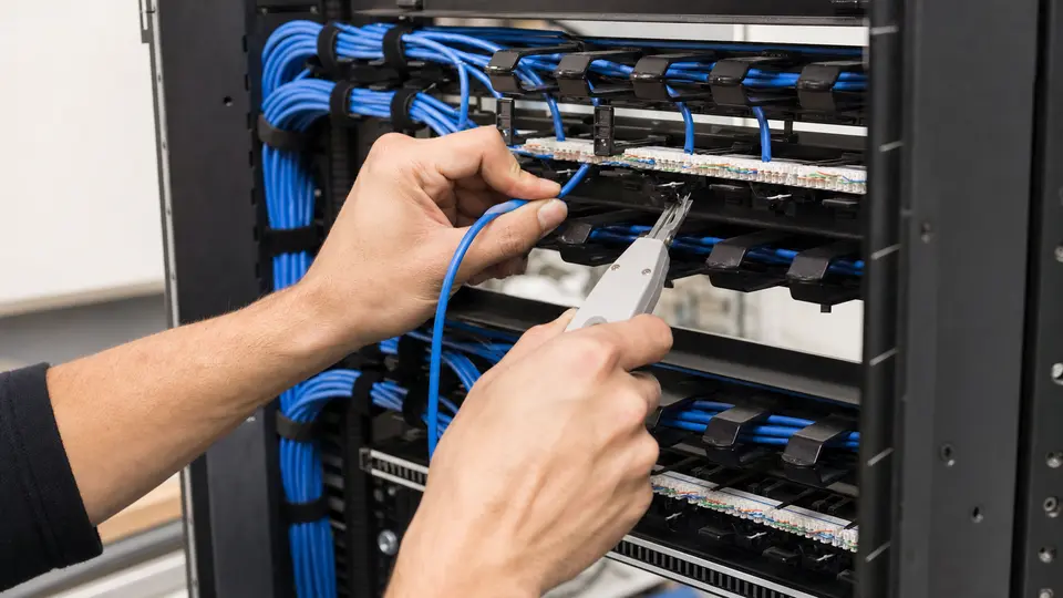 Structured cabling technician terminating labeled Cat6 cables in a commercial rack