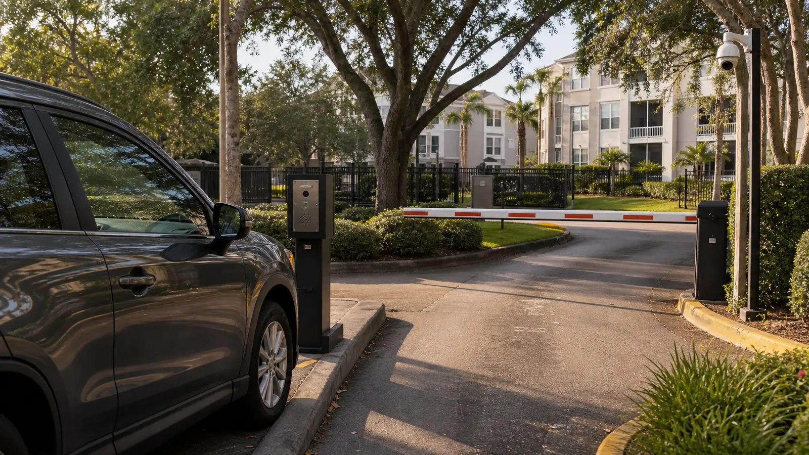 Multi-family community entrance with security camera and access control coverage
