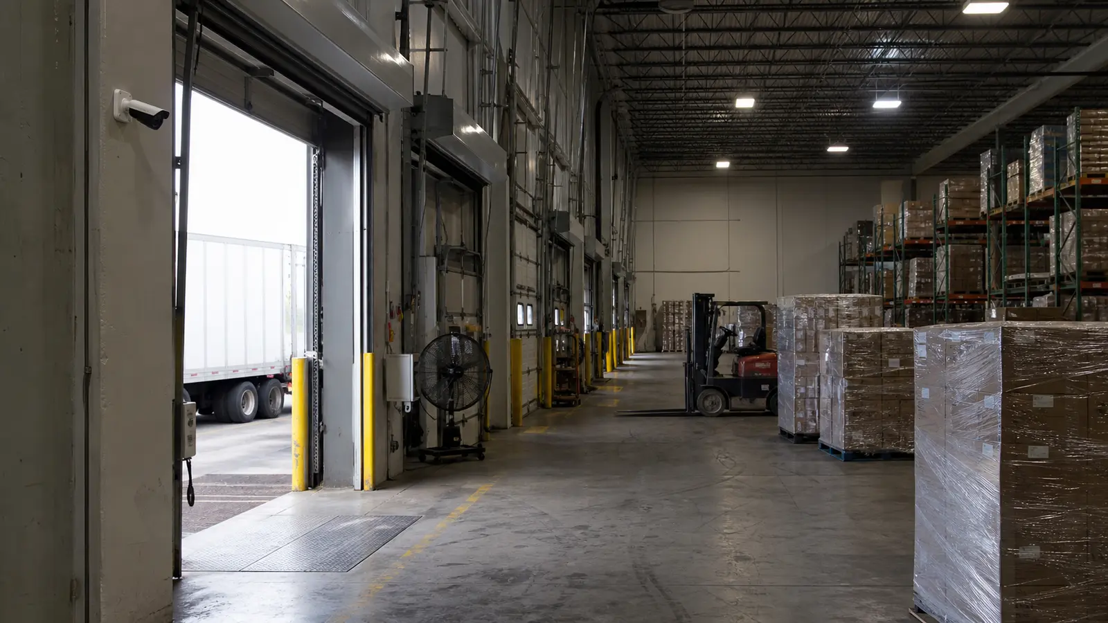 Warehouse loading dock and logistics security camera coverage