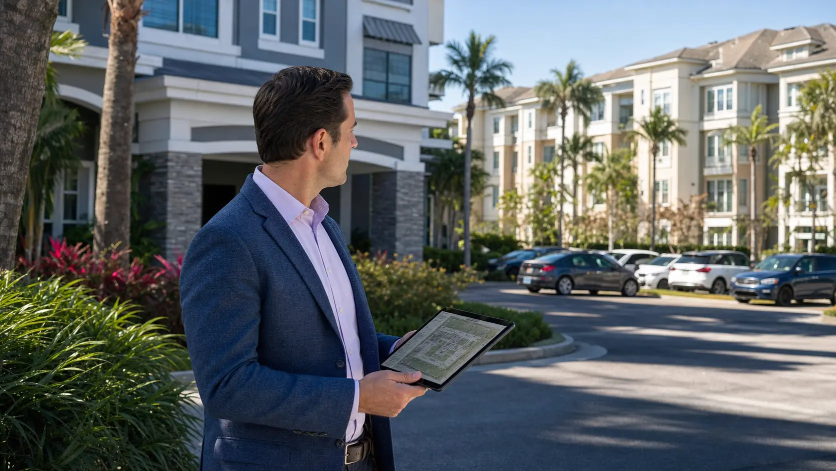 Facility manager reviewing security camera systems for multiple Tampa properties