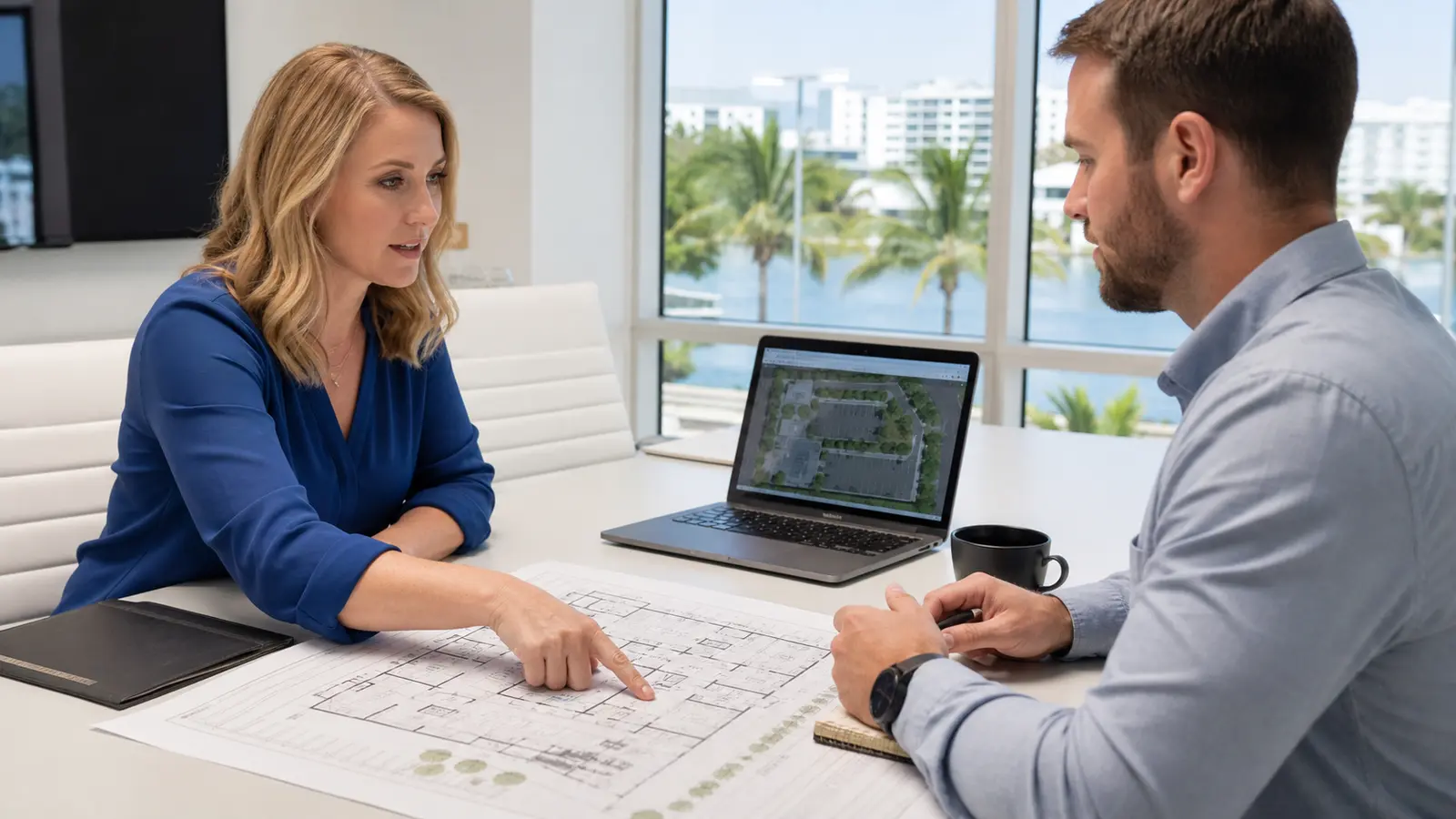 Data Pro project consultant reviewing a Tampa Bay low-voltage site plan with a property manager