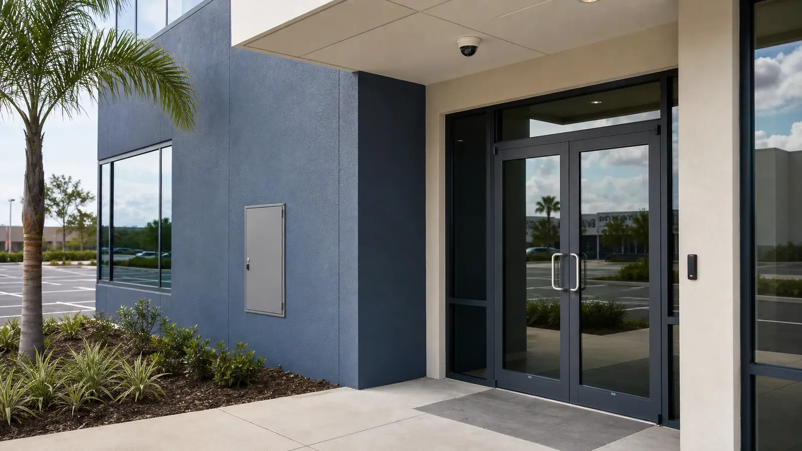 Coordinated commercial camera, access-control, and concealed low-voltage infrastructure at a Tampa property entrance