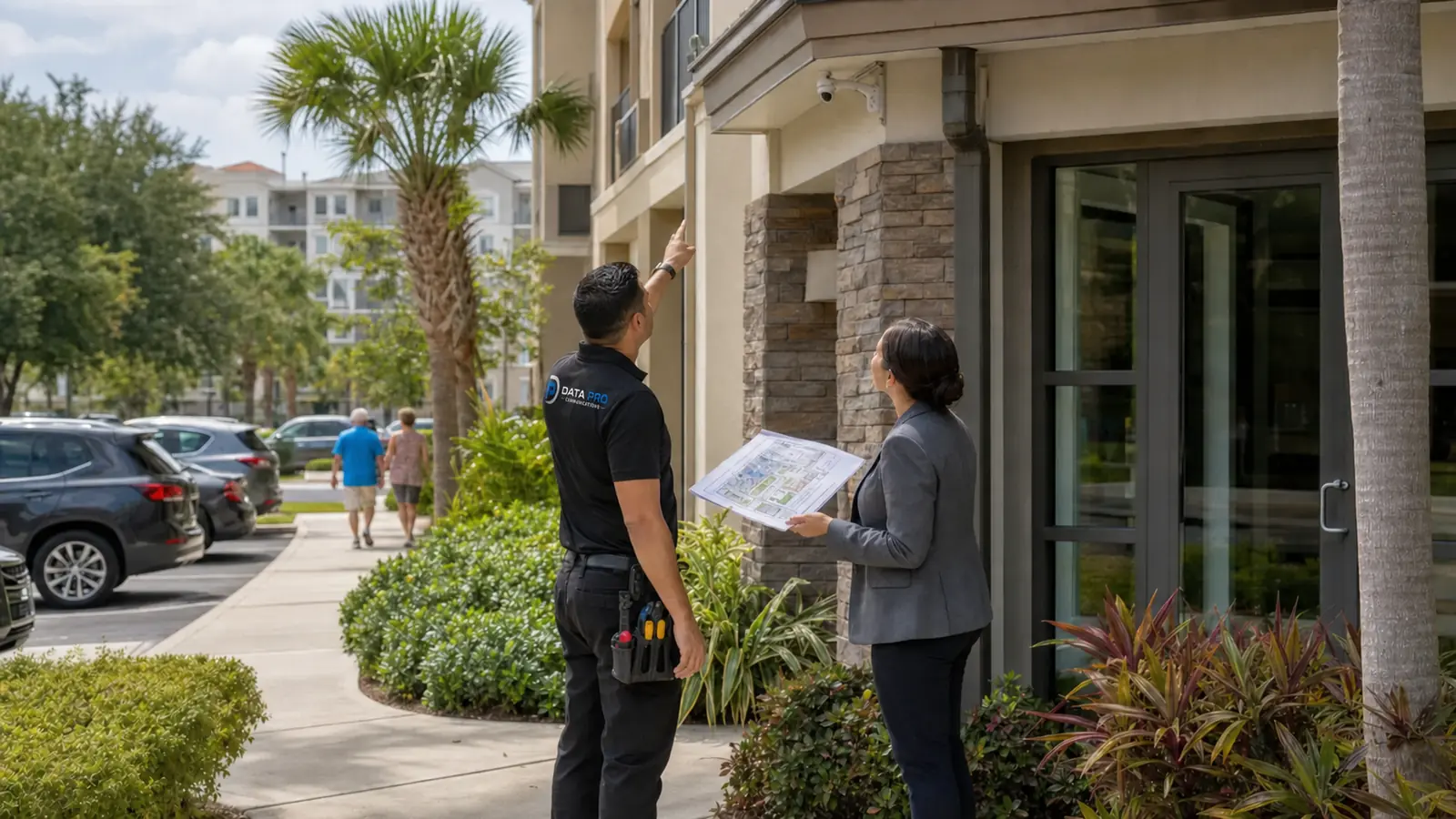 Condominium property manager and technician reviewing common-area camera coverage
