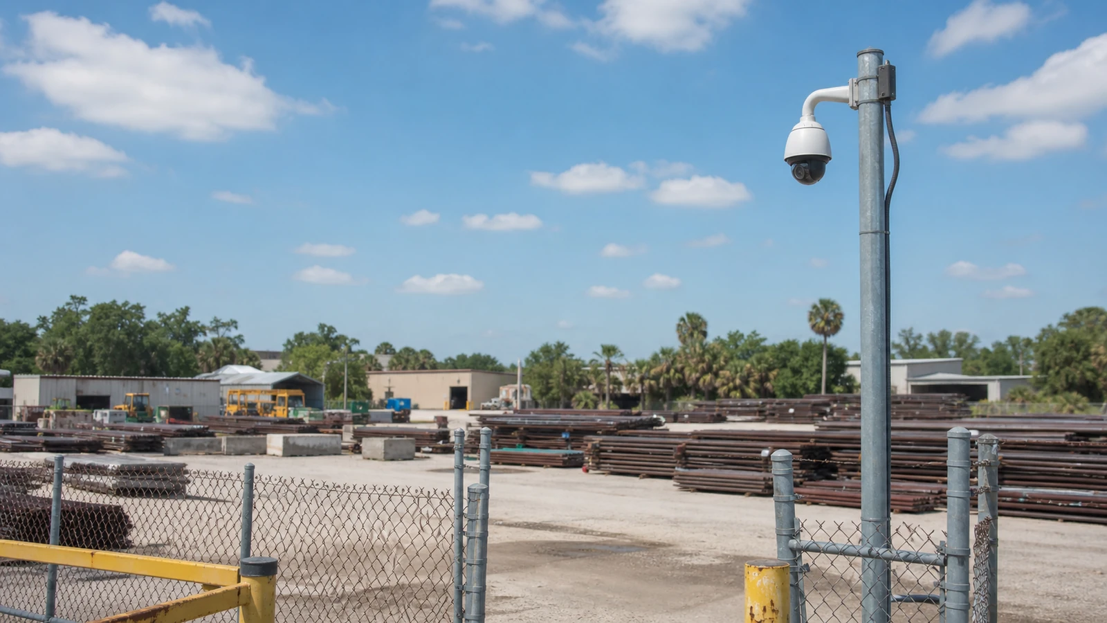 Industrial CCTV camera covering a gate and yard