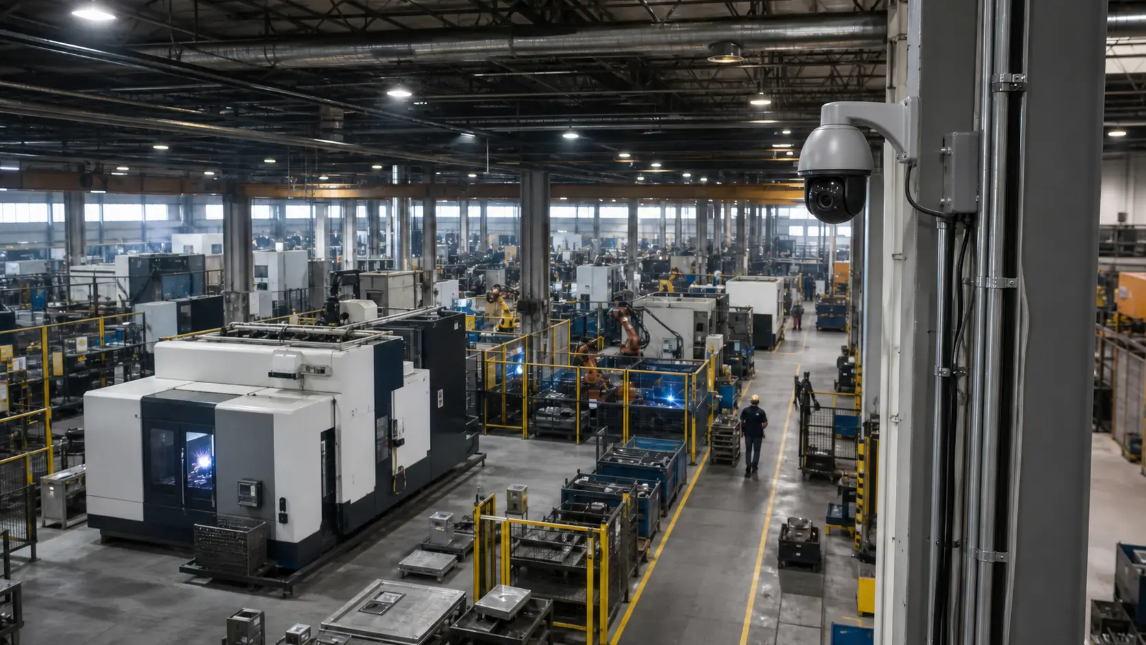 Industrial camera overlooking active manufacturing and metal-fabrication production in Tampa Bay