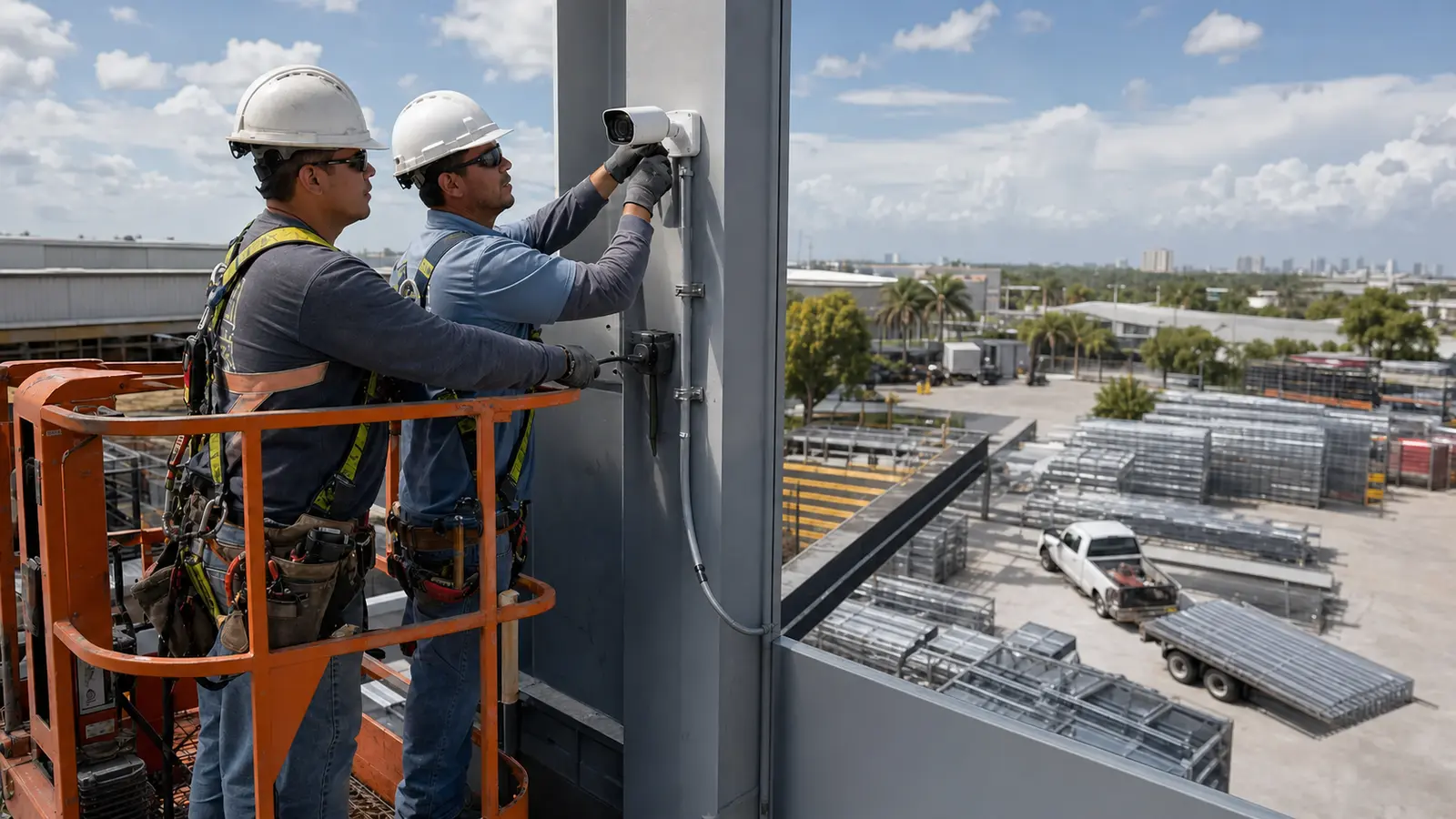 Low-voltage technician installing industrial camera coverage from a lift at a Tampa facility