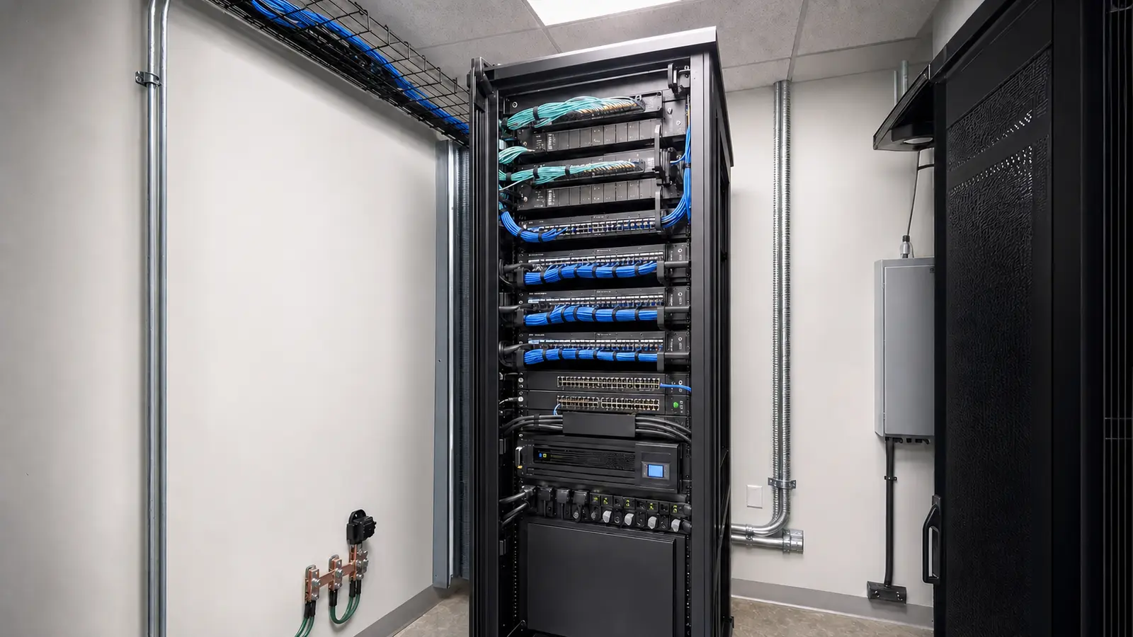 Organized industrial network rack with fiber, Cat6 patch panels, managed switches, and individual patch connections