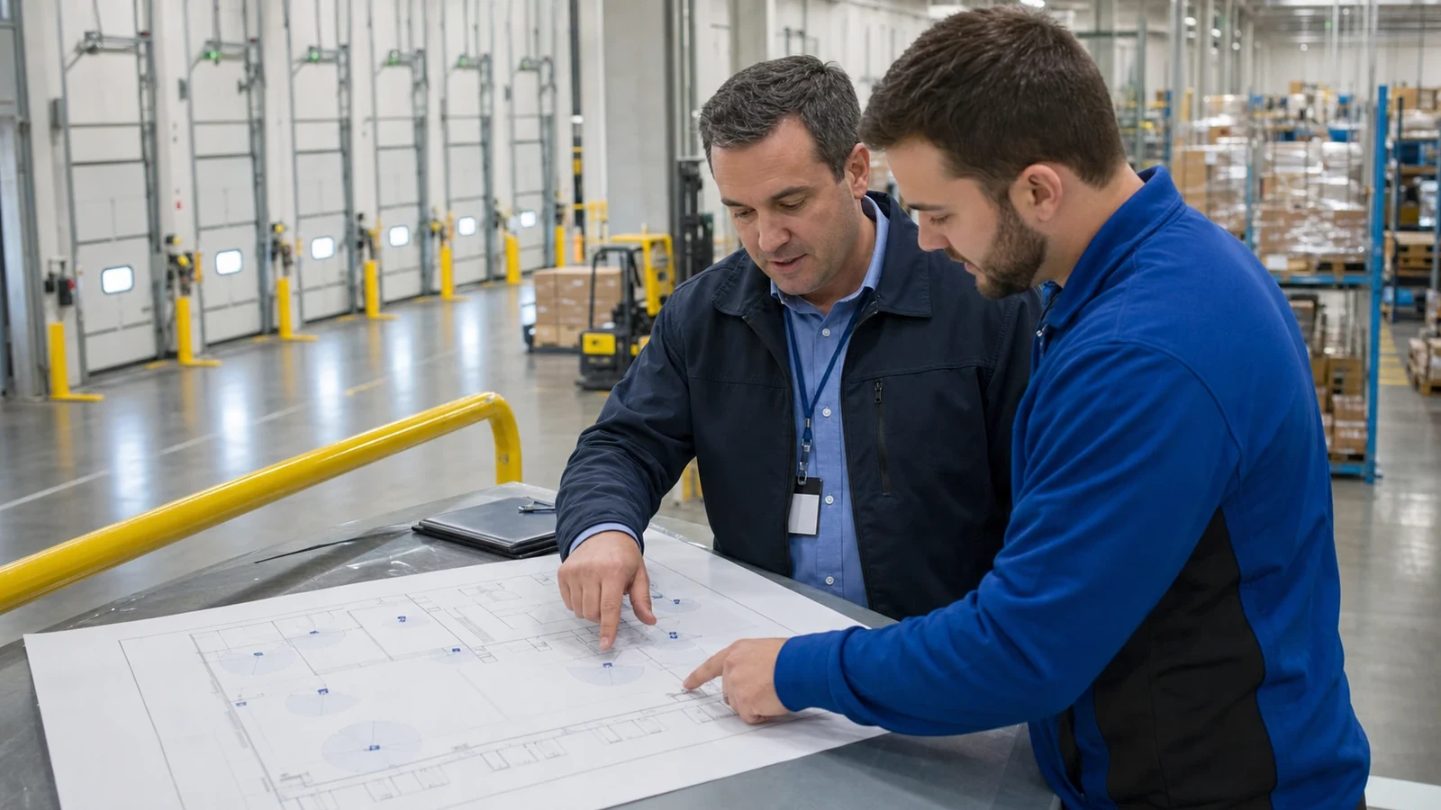 Facility team reviewing industrial security camera coverage before a Tampa site survey