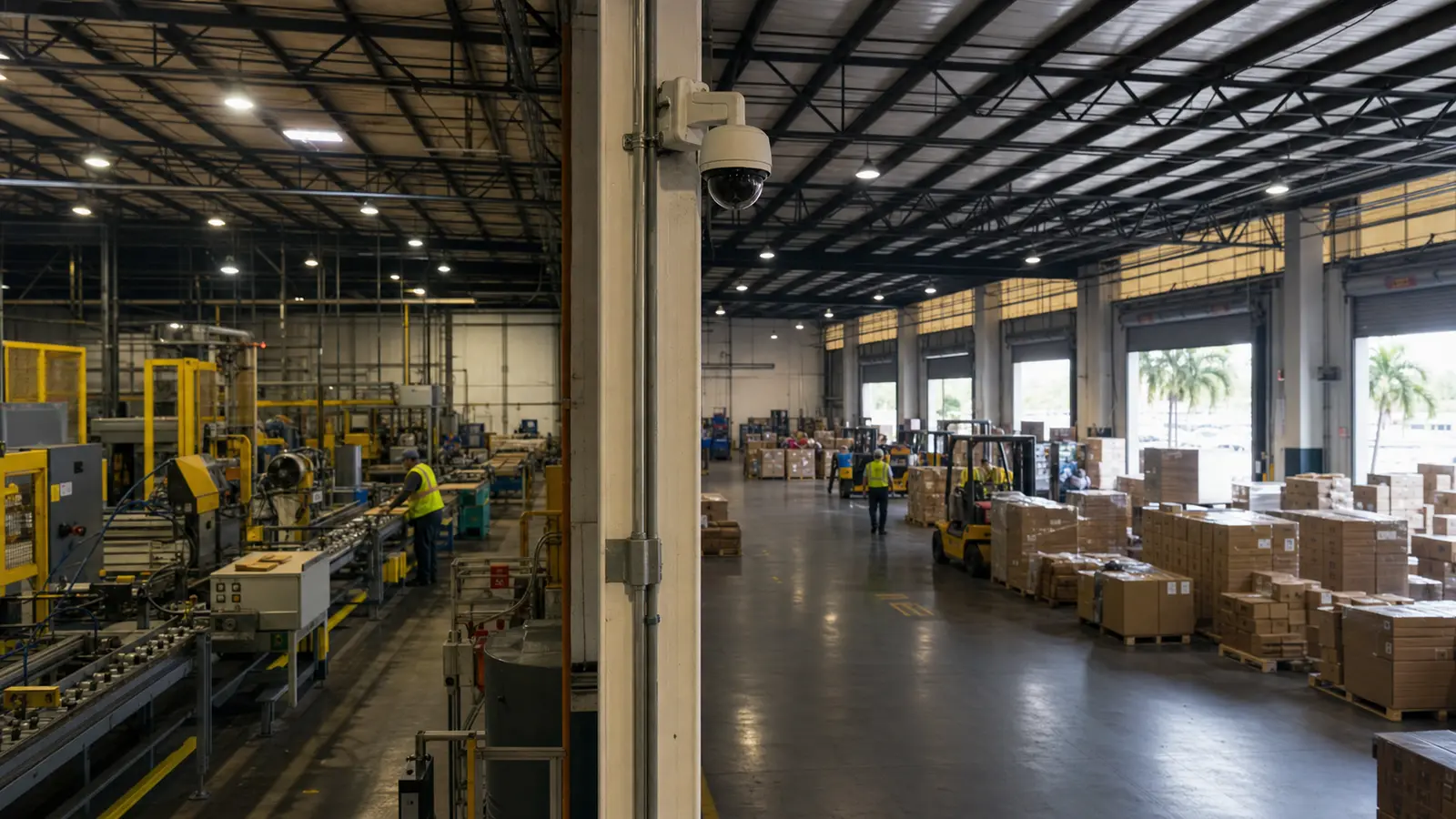 Active manufacturing and distribution floor with correctly positioned industrial camera coverage
