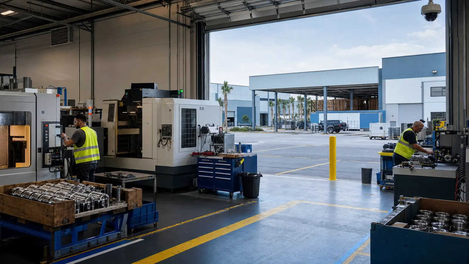 Active Tampa-area manufacturing floor and adjoining industrial park with camera coverage