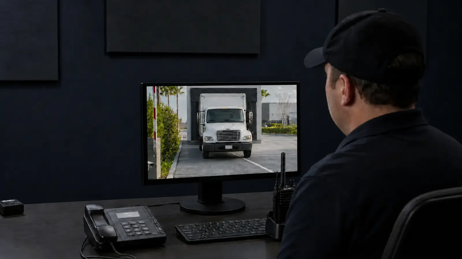 Security operator in a windowless monitoring room viewing a truck backed into a warehouse dock