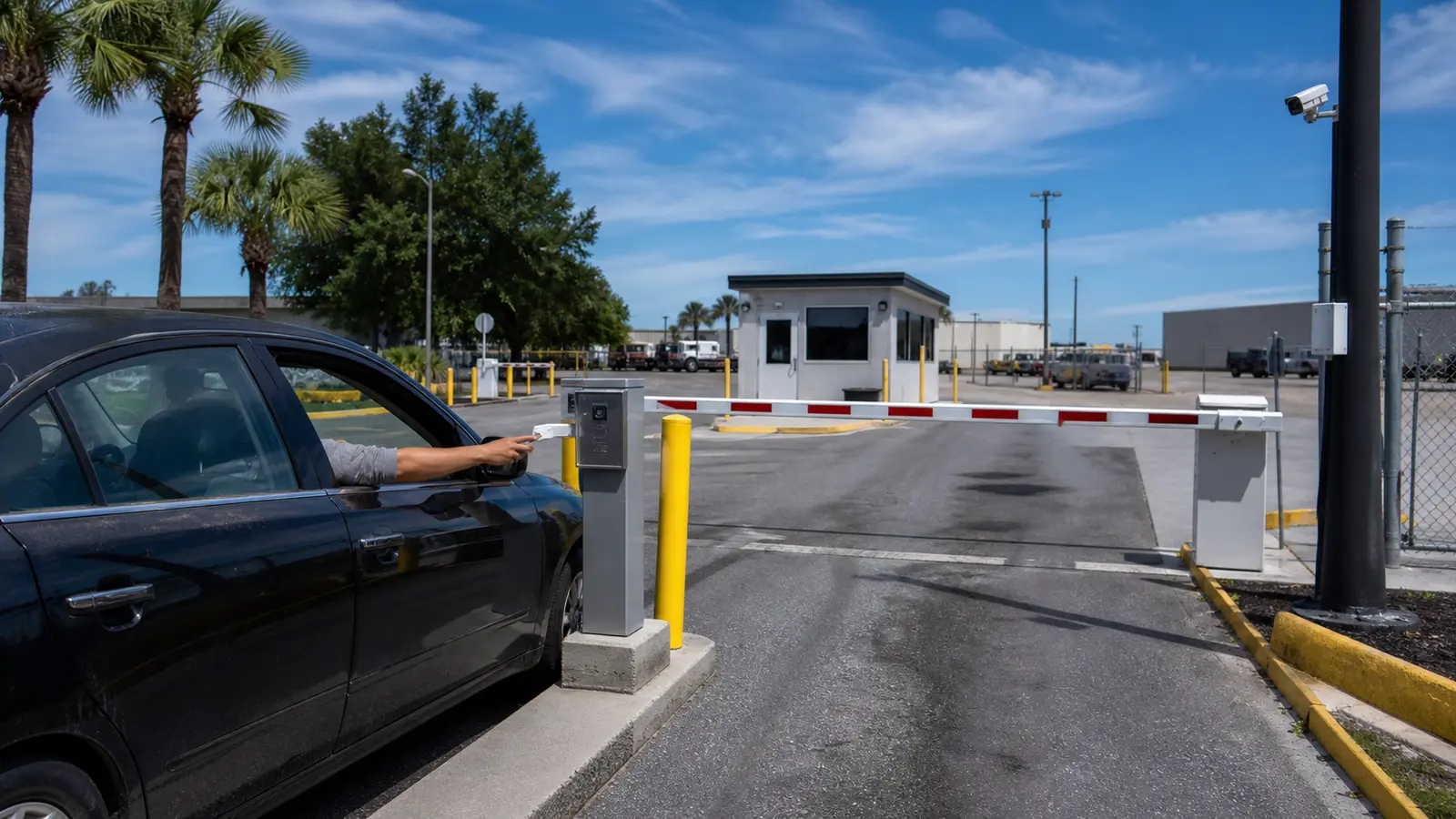 Security camera and controlled vehicle access at an equipment yard entrance
