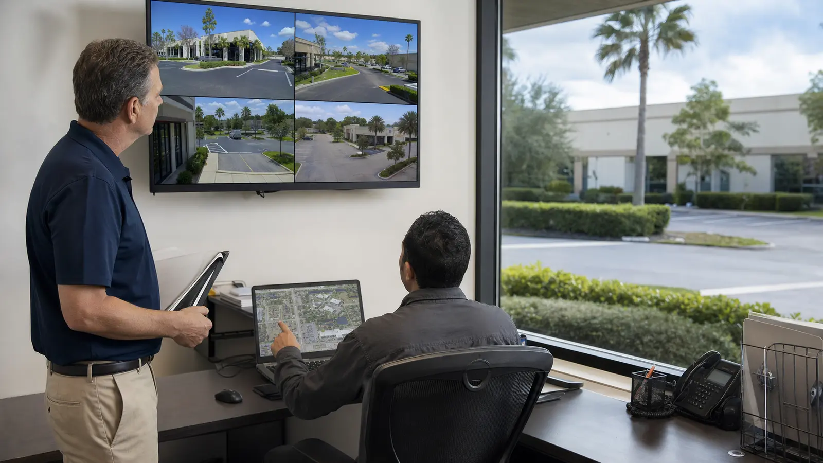 Property manager reviewing multiple Tampa properties with a security systems technician