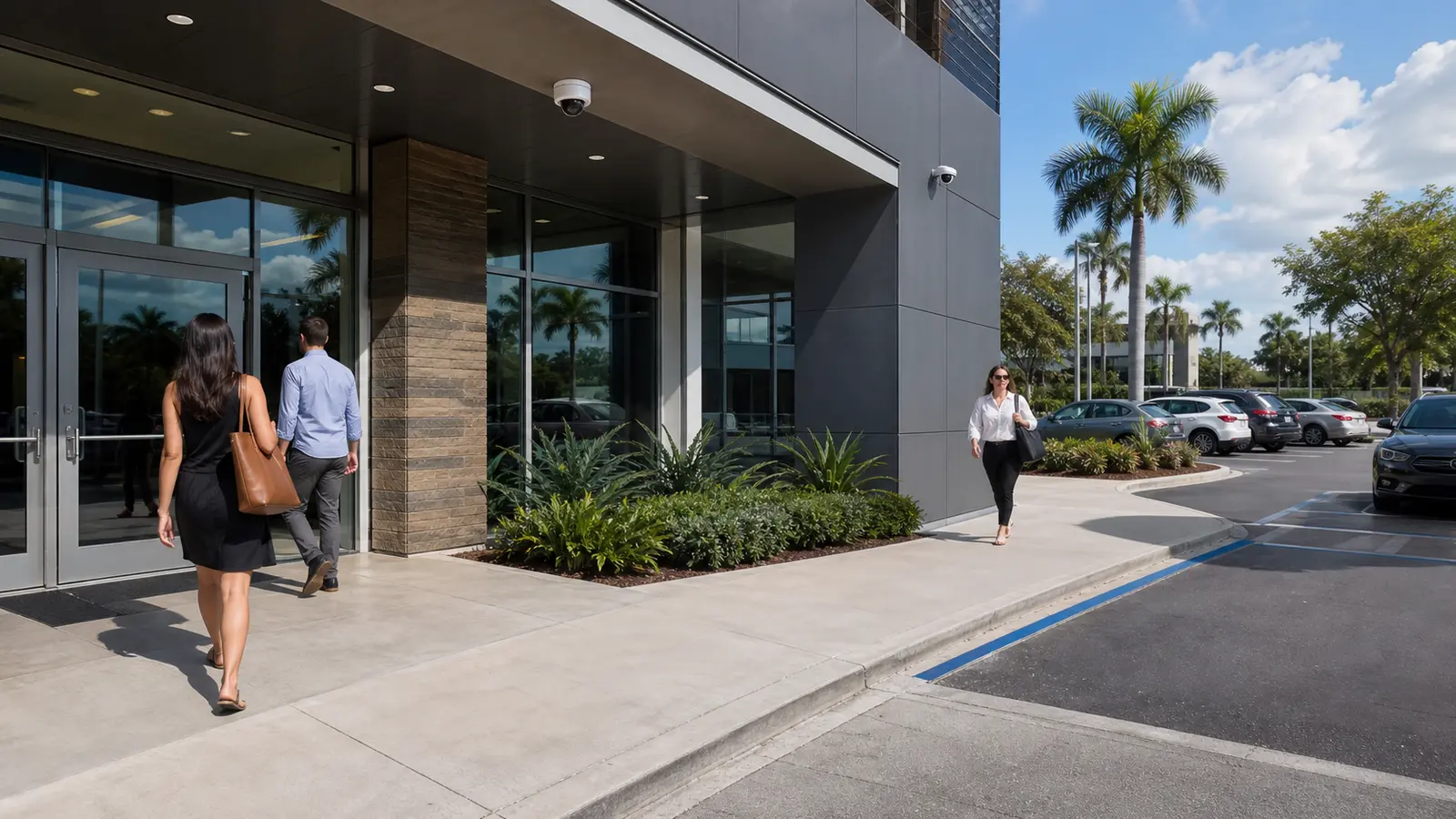 Office and retail entrance with discreet camera coverage across doorway and parking approach