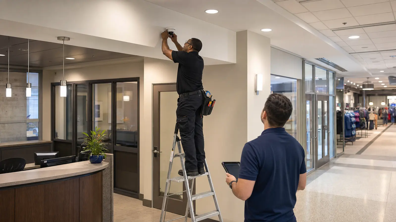 Technician and facilities manager verifying a camera at a Tampa retail and office entrance