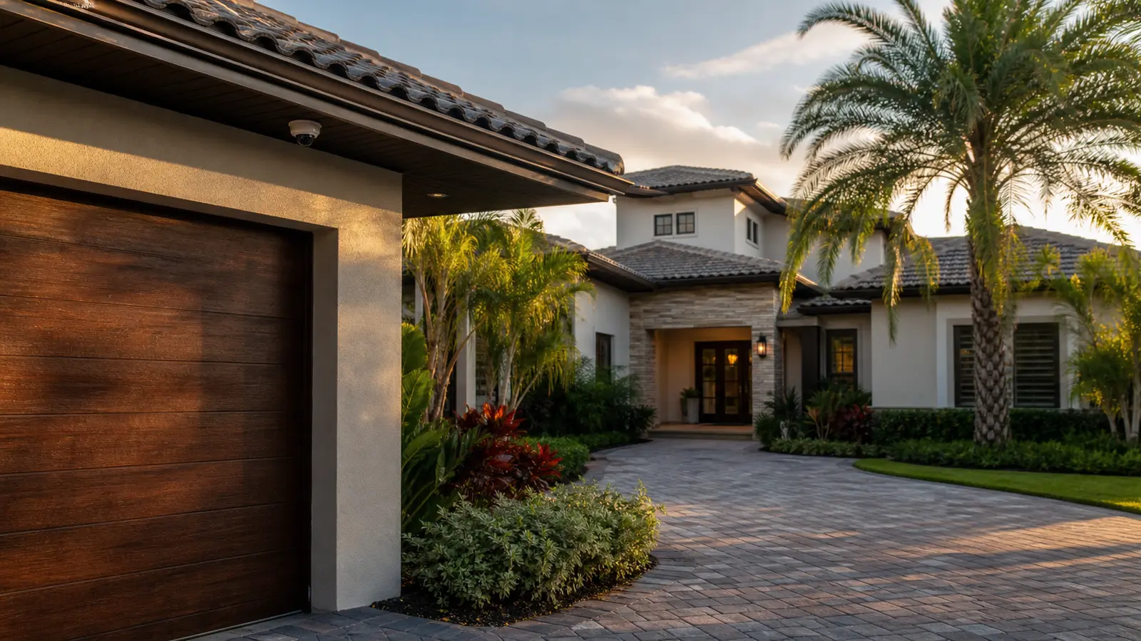 Large Tampa Bay residence with discreet gate, driveway, and exterior camera coverage