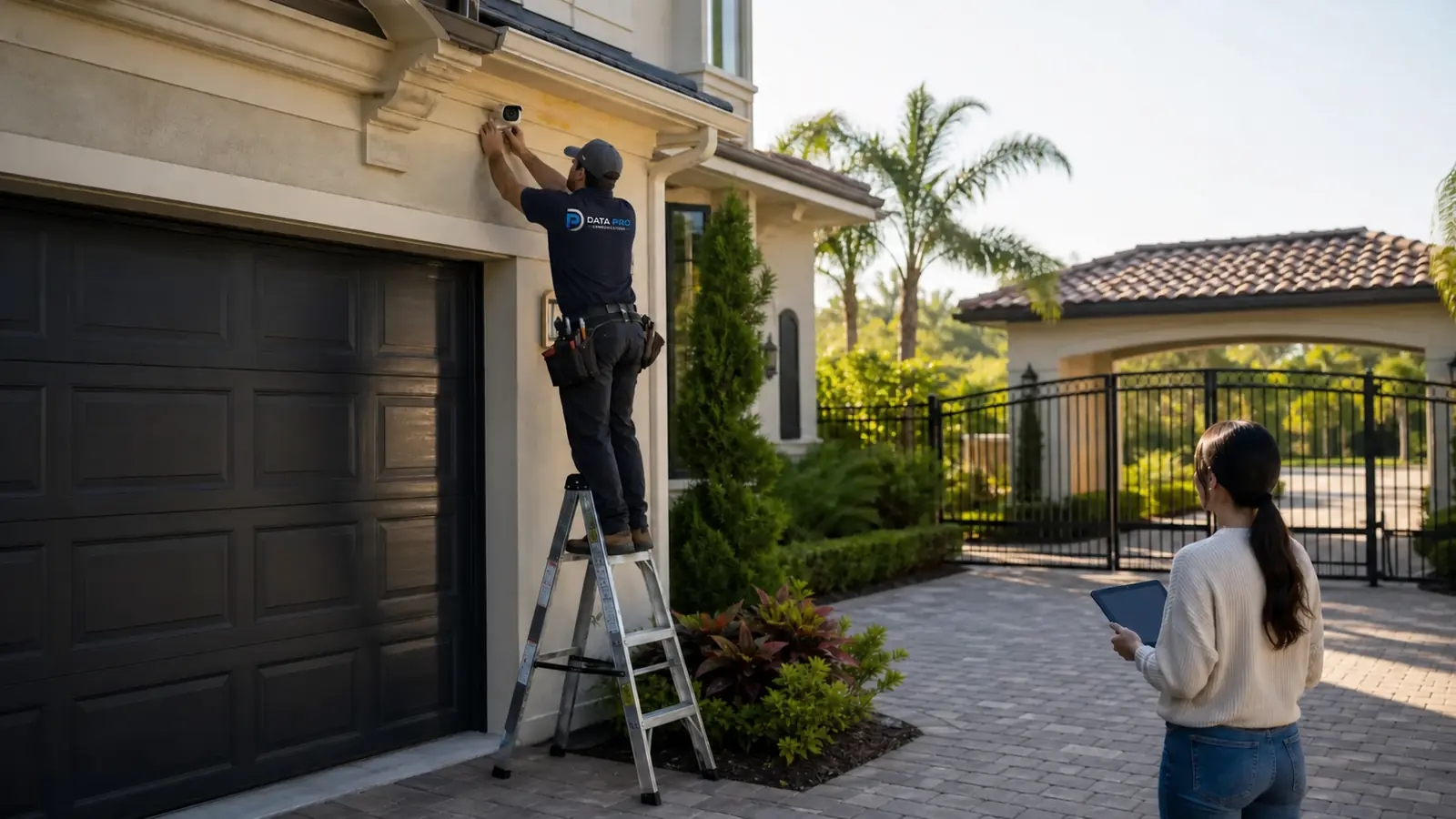 Security technician installing discreet exterior camera coverage at a Tampa Bay residence