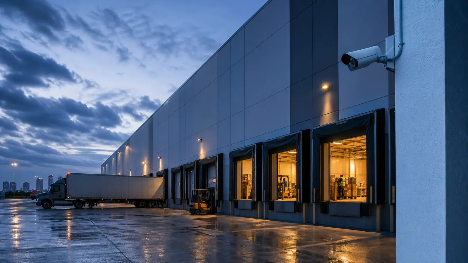 Working Tampa logistics facility with loading docks and professionally mounted exterior camera coverage